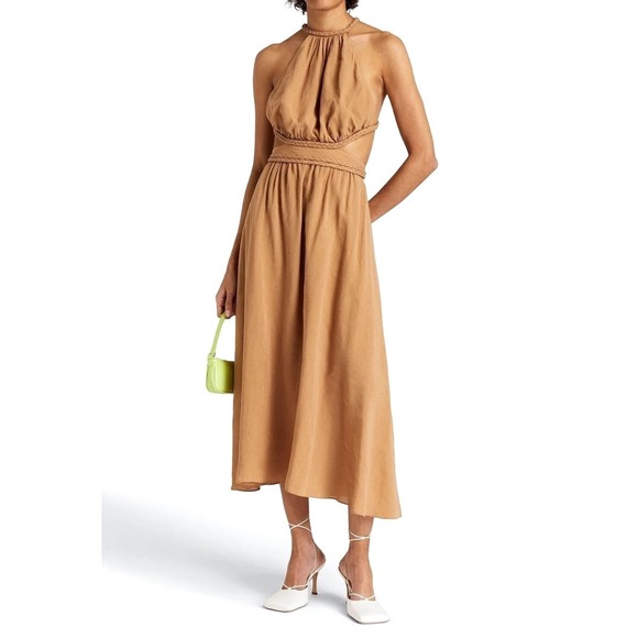 NEW‎ ALICE + OLIVIA Faith Braided Cut Out Open Back Midi Dress Size 6 Tan Linen - Picture 2 of 12